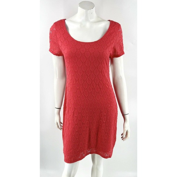 Isaac Mizrahi Lace Dress Size L Coral Pink Lined Short Sleeve Stretch Womens NEW - Picture 1 of 7